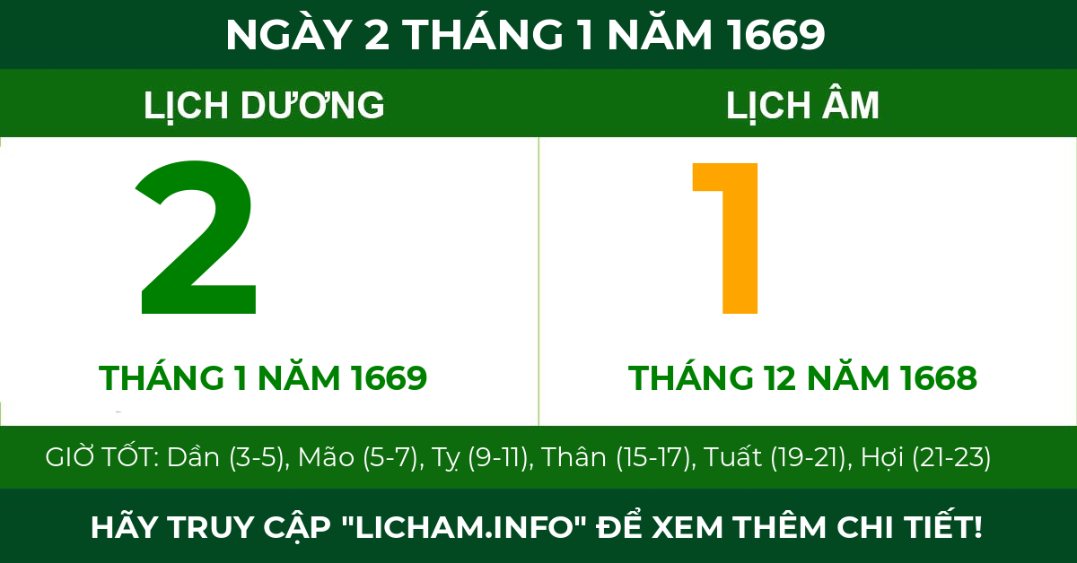 lịch âm ngày 2 tháng 1 năm 1669