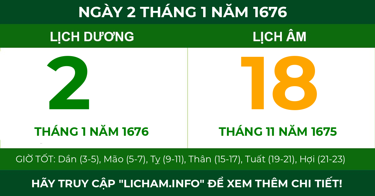 lịch âm ngày 2 tháng 1 năm 1676