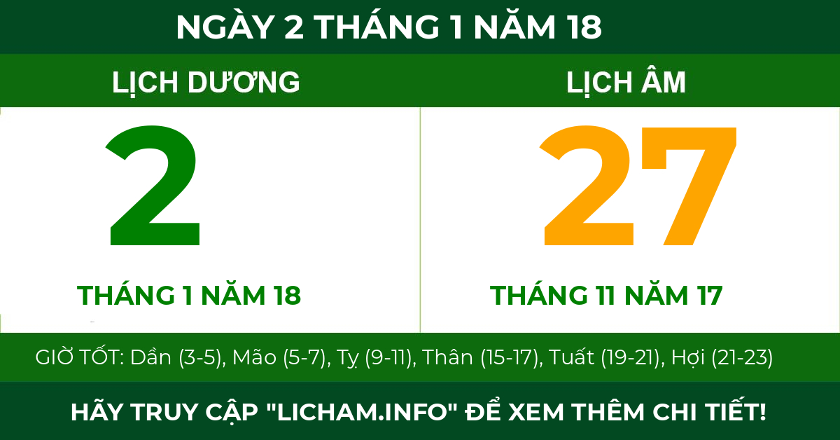 lịch âm ngày 2 tháng 1 năm 18