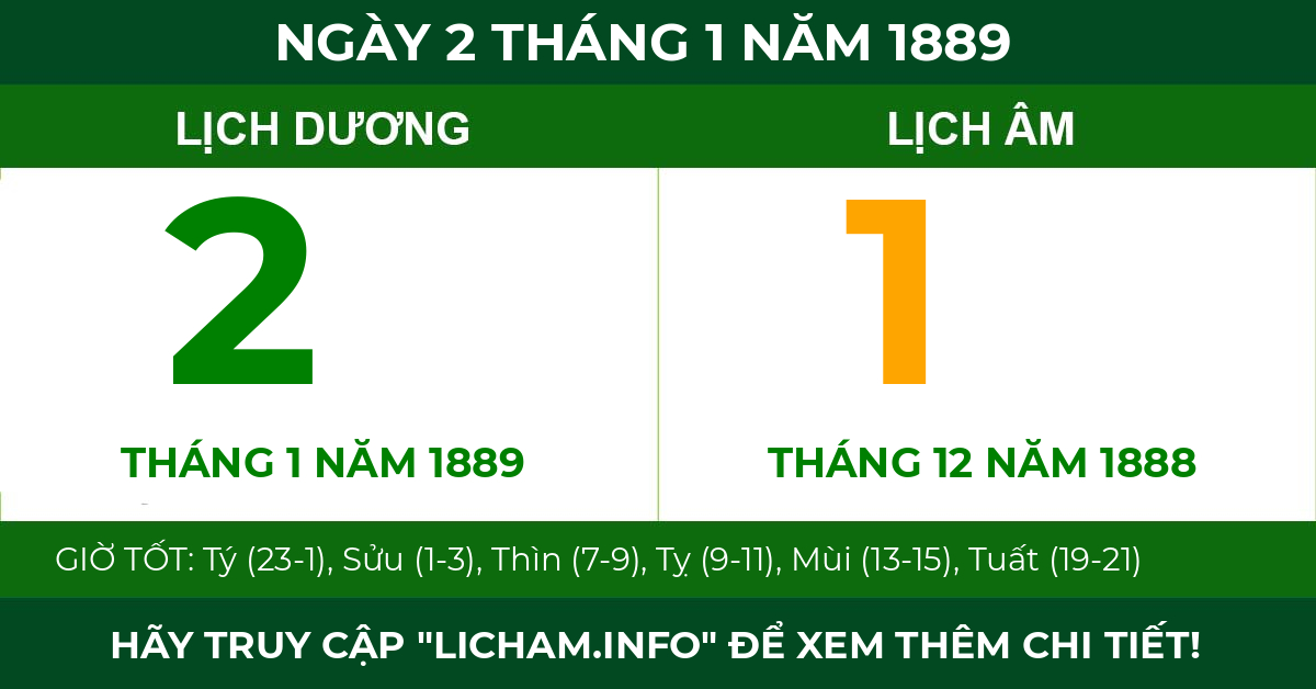 lịch âm ngày 2 tháng 1 năm 1889