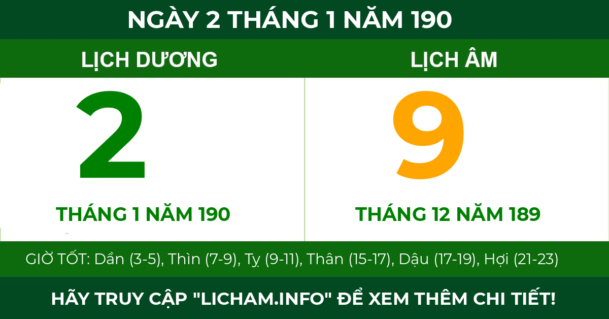 lịch âm ngày 2 tháng 1 năm 190