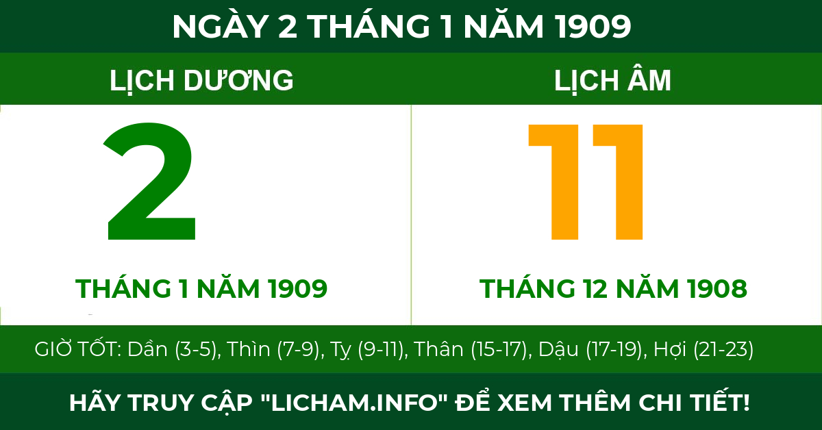 lịch âm ngày 2 tháng 1 năm 1909