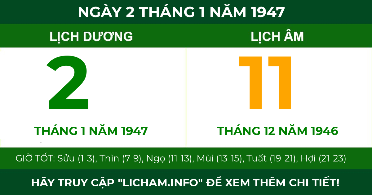 lịch âm ngày 2 tháng 1 năm 1947