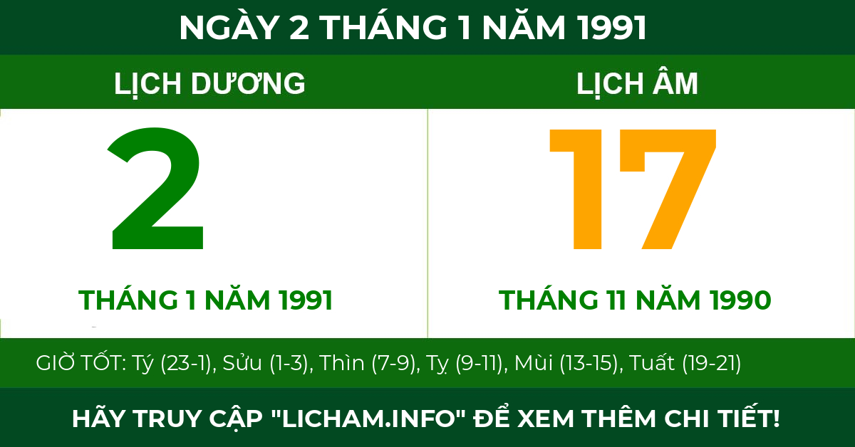 lịch âm ngày 2 tháng 1 năm 1991