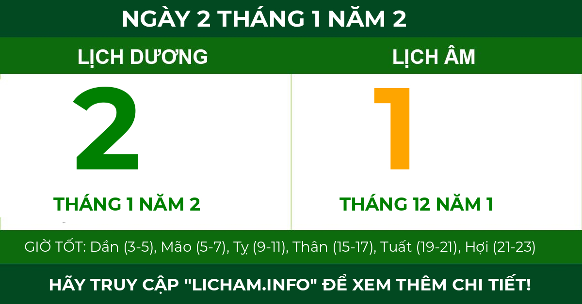 lịch âm ngày 2 tháng 1 năm 2