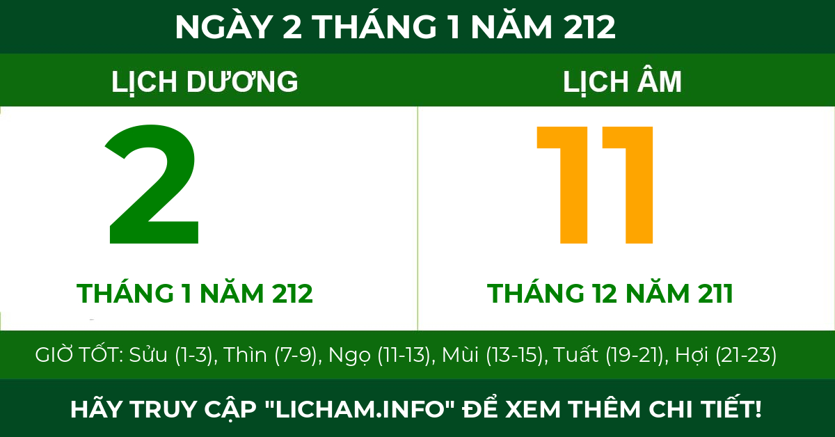 lịch âm ngày 2 tháng 1 năm 212