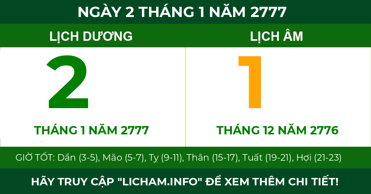 lịch âm ngày 2 tháng 1 năm 2777
