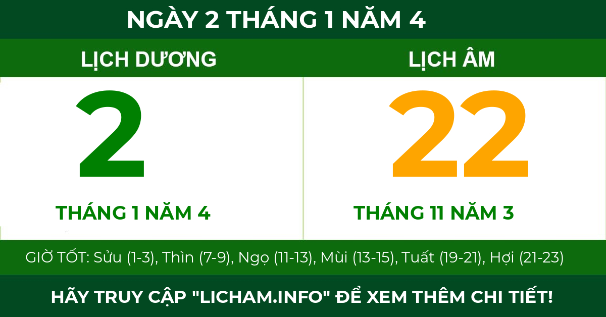 lịch âm ngày 2 tháng 1 năm 4