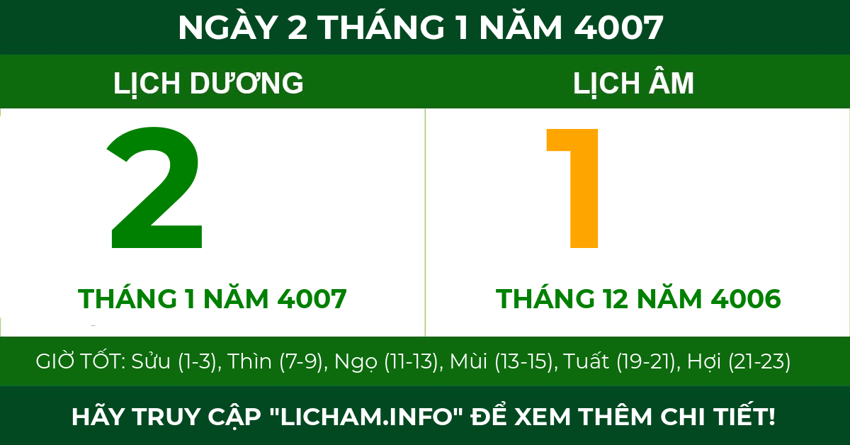 lịch âm ngày 2 tháng 1 năm 4007