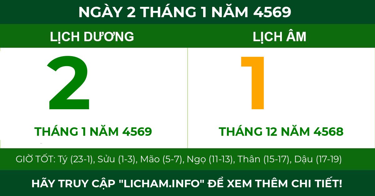 lịch âm ngày 2 tháng 1 năm 4569