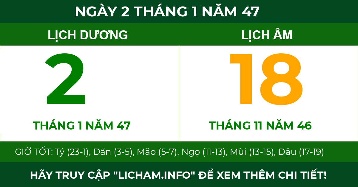 lịch âm ngày 2 tháng 1 năm 47