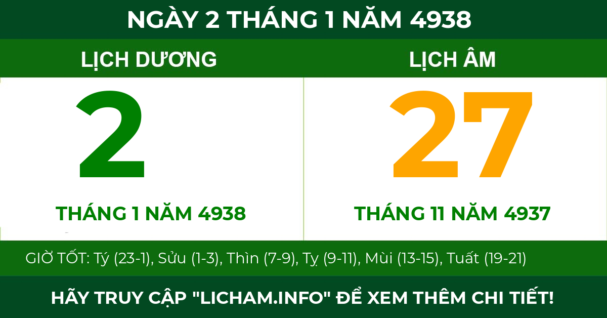 lịch âm ngày 2 tháng 1 năm 4938