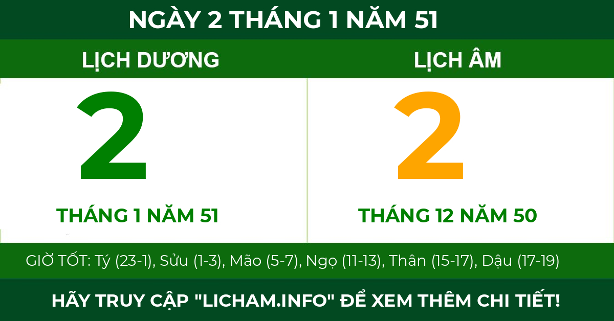 lịch âm ngày 2 tháng 1 năm 51