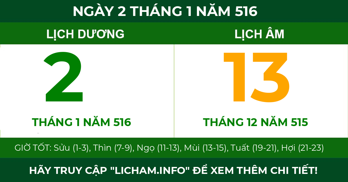 lịch âm ngày 2 tháng 1 năm 516