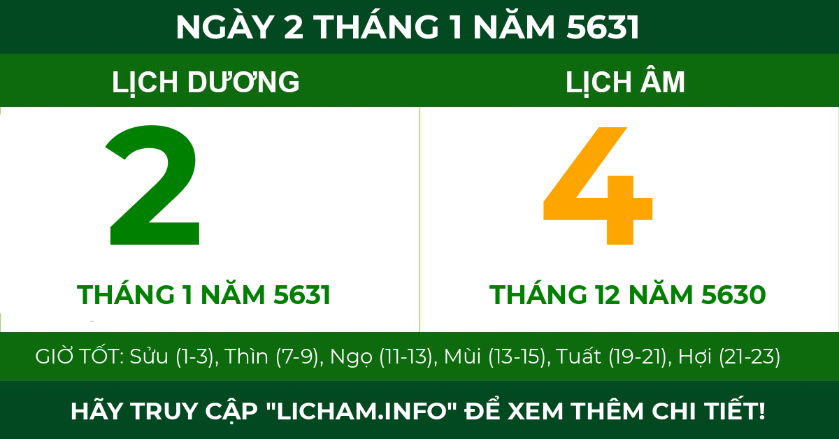 lịch âm ngày 2 tháng 1 năm 5631
