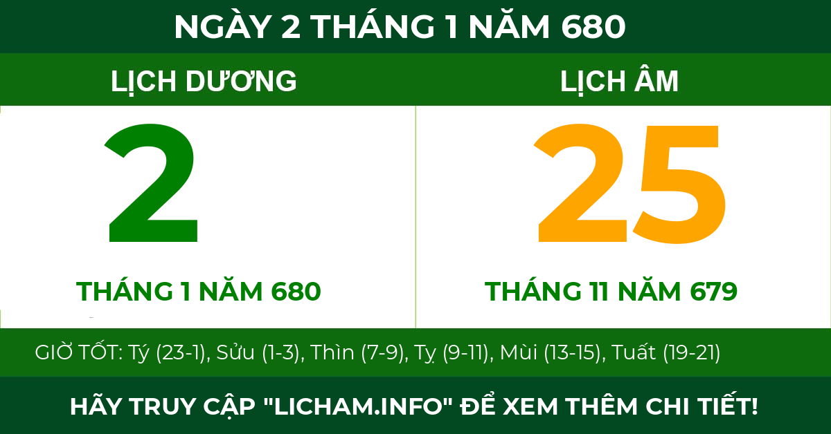 lịch âm ngày 2 tháng 1 năm 680