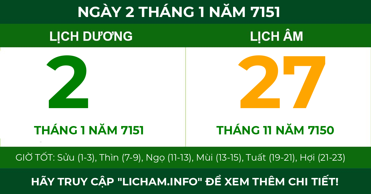 lịch âm ngày 2 tháng 1 năm 7151