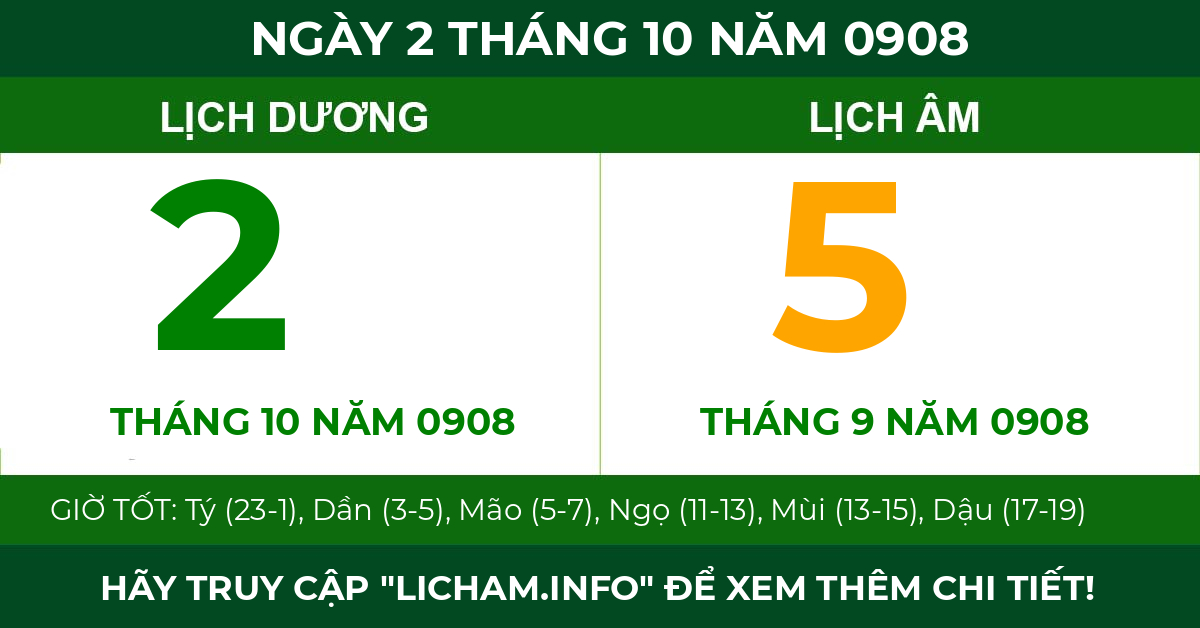 lịch âm ngày 2 tháng 10 năm 0908