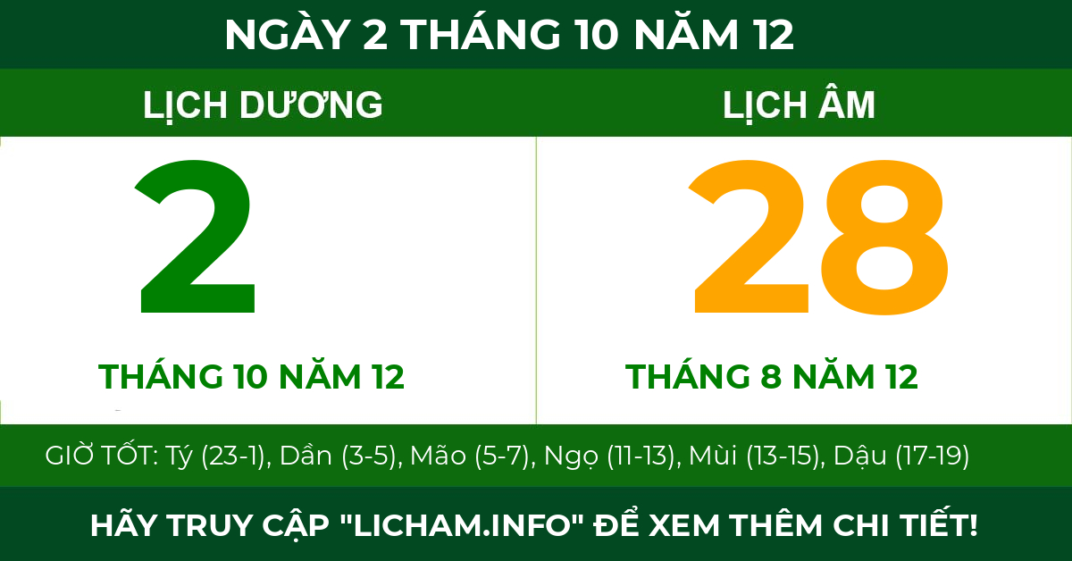 lịch âm ngày 2 tháng 10 năm 12