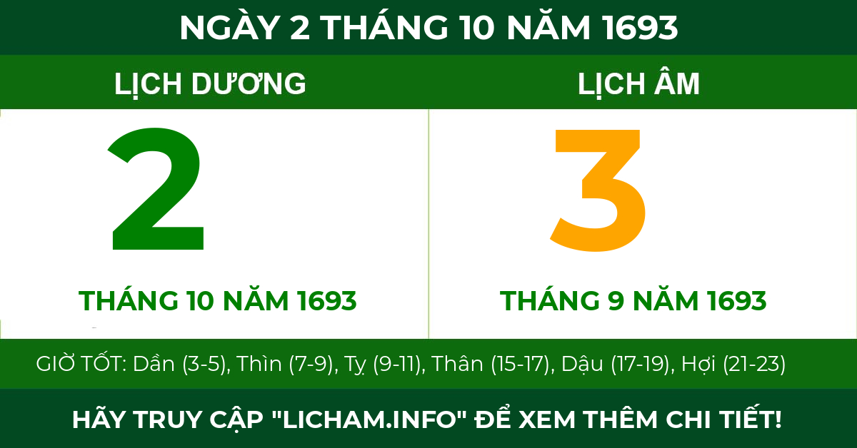 lịch âm ngày 2 tháng 10 năm 1693