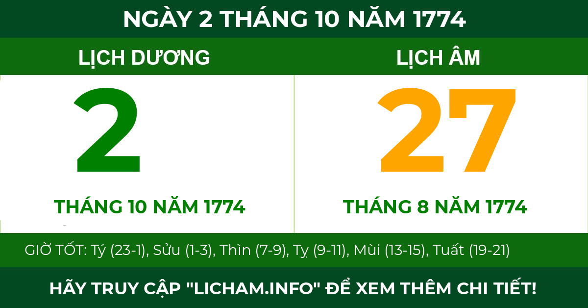 lịch âm ngày 2 tháng 10 năm 1774
