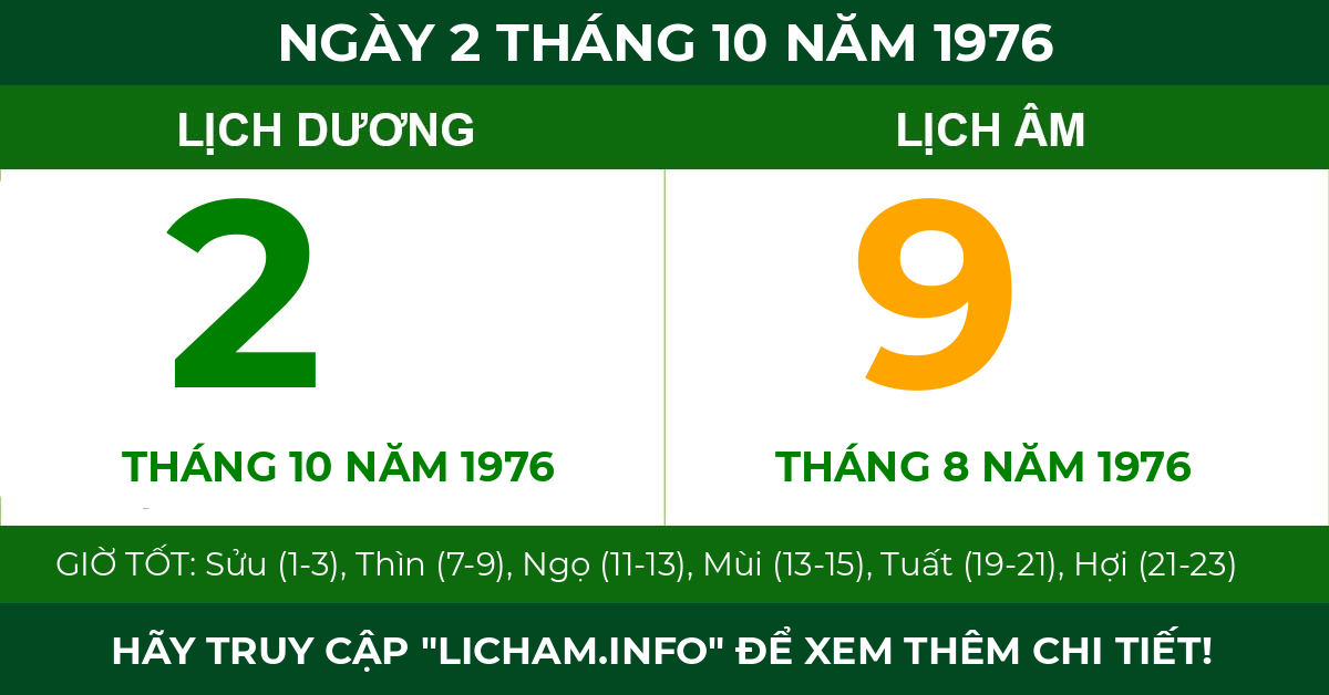 lịch âm ngày 2 tháng 10 năm 1976