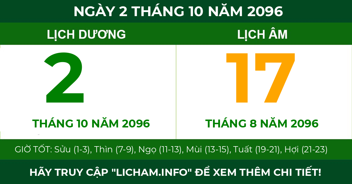 lịch âm ngày 2 tháng 10 năm 2096