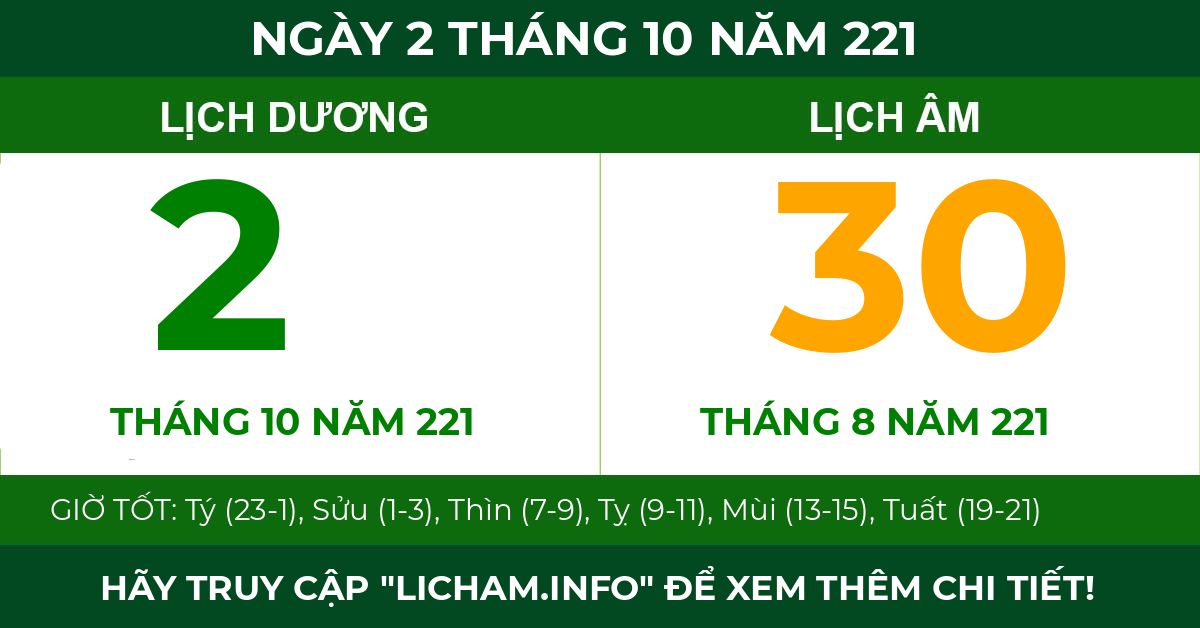 lịch âm ngày 2 tháng 10 năm 221
