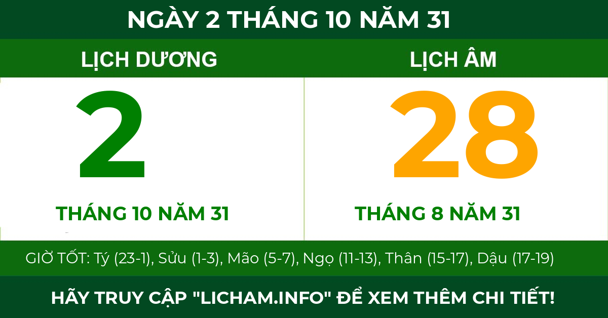lịch âm ngày 2 tháng 10 năm 31