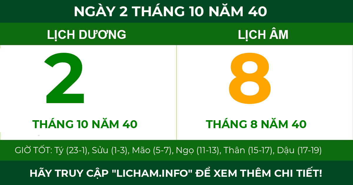 lịch âm ngày 2 tháng 10 năm 40