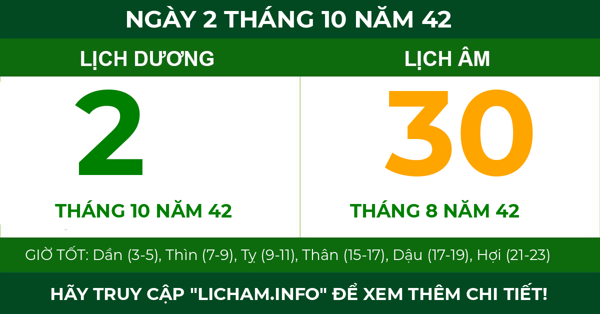 lịch âm ngày 2 tháng 10 năm 42