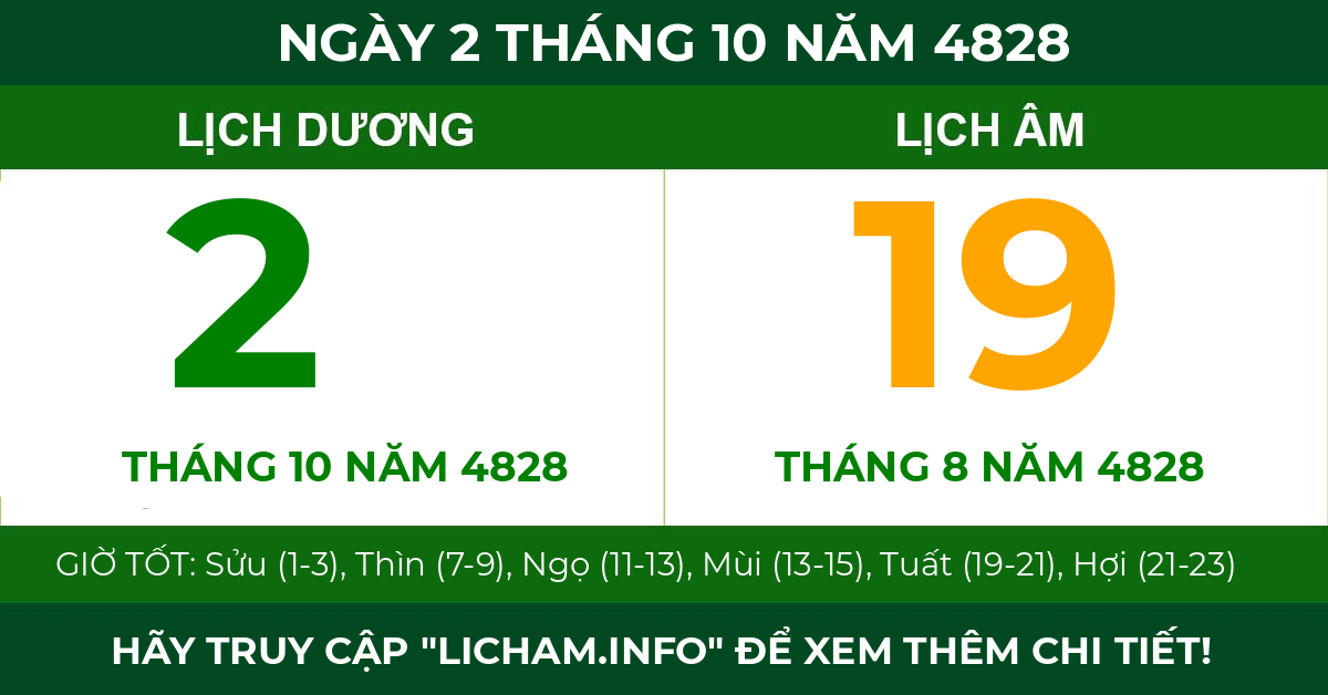 lịch âm ngày 2 tháng 10 năm 4828
