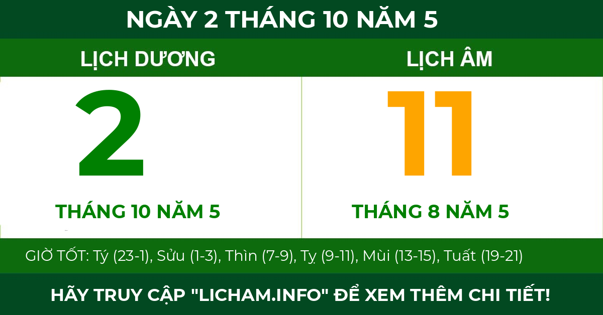 lịch âm ngày 2 tháng 10 năm 5