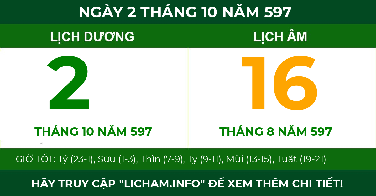 lịch âm ngày 2 tháng 10 năm 597