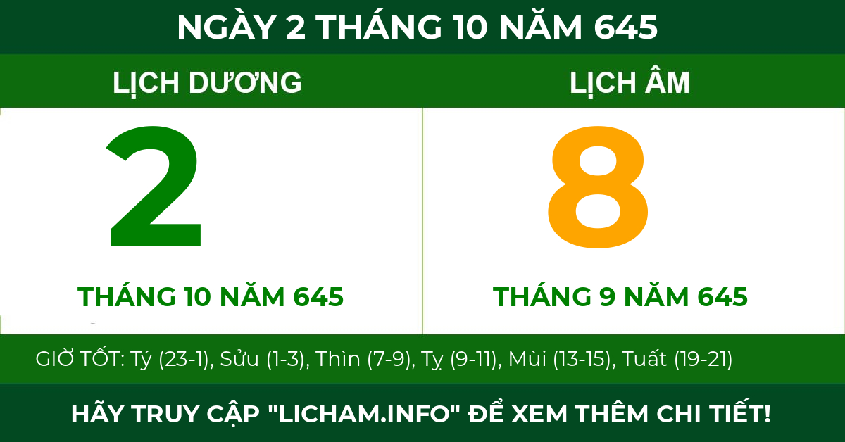lịch âm ngày 2 tháng 10 năm 645