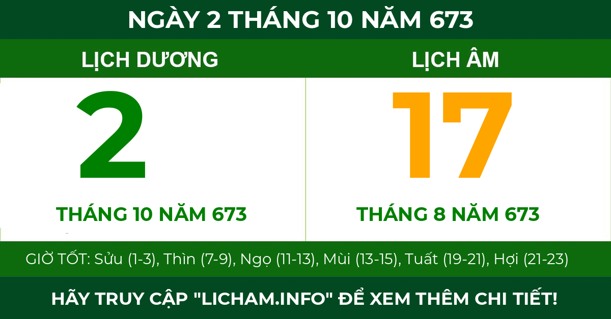 lịch âm ngày 2 tháng 10 năm 673