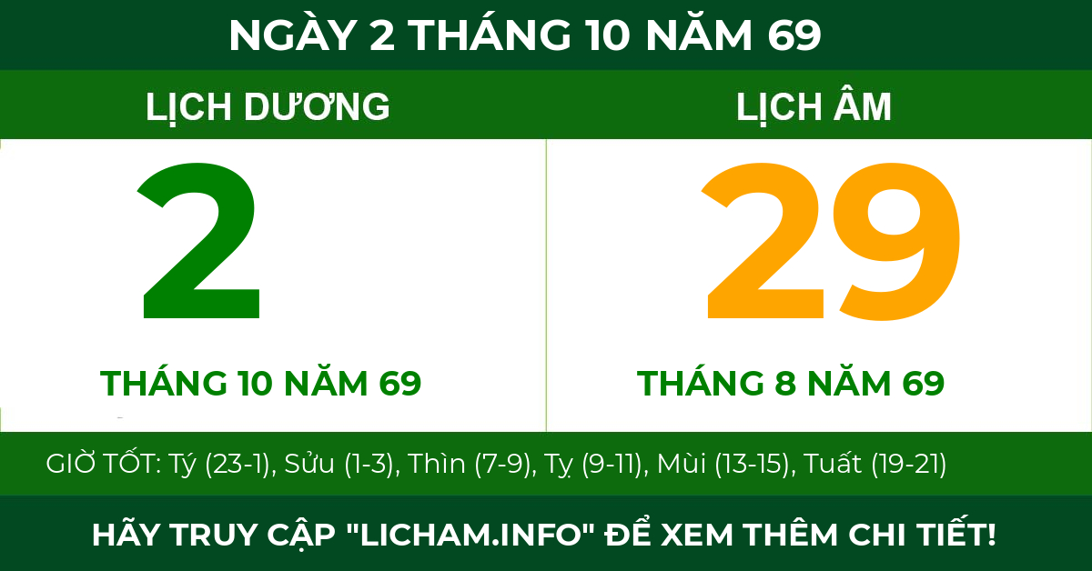 lịch âm ngày 2 tháng 10 năm 69