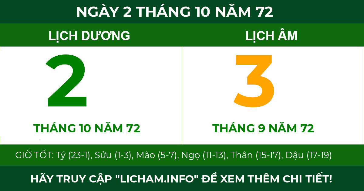 lịch âm ngày 2 tháng 10 năm 72