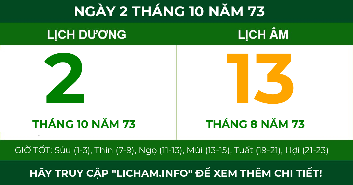 lịch âm ngày 2 tháng 10 năm 73