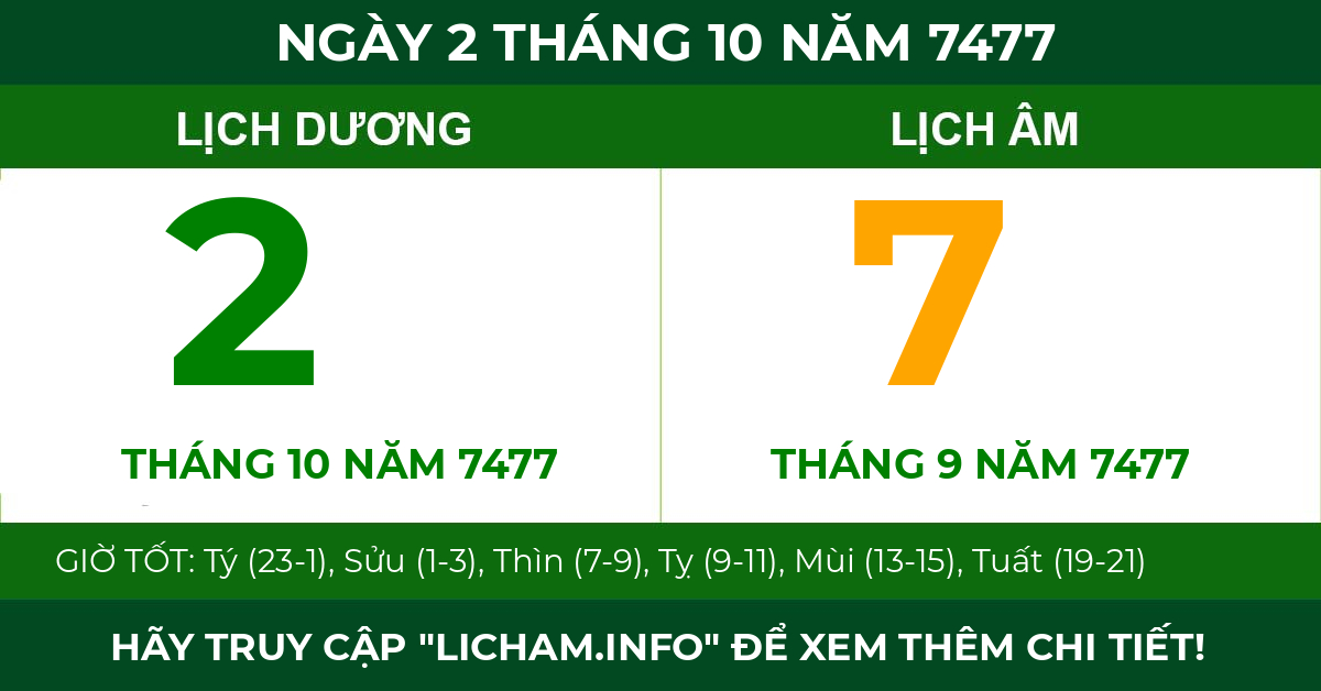 lịch âm ngày 2 tháng 10 năm 7477