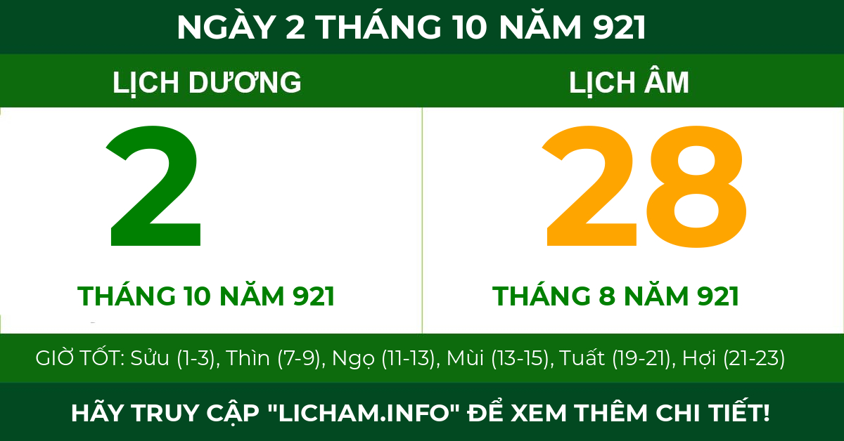lịch âm ngày 2 tháng 10 năm 921