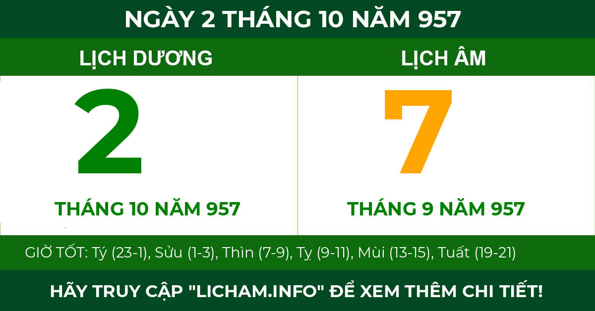 lịch âm ngày 2 tháng 10 năm 957