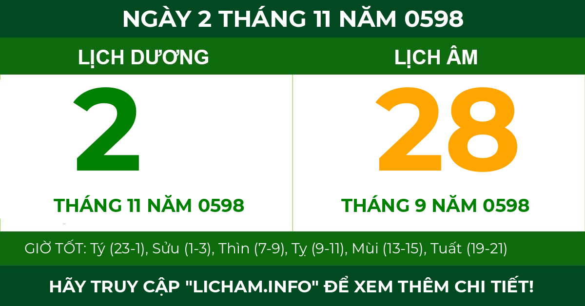 lịch âm ngày 2 tháng 11 năm 0598