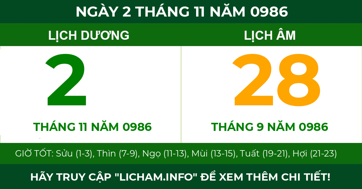 lịch âm ngày 2 tháng 11 năm 0986