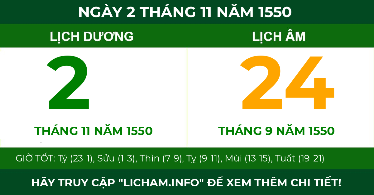 lịch âm ngày 2 tháng 11 năm 1550