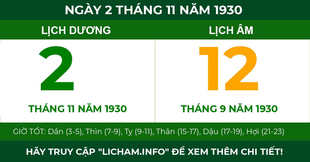 lịch âm ngày 2 tháng 11 năm 1930