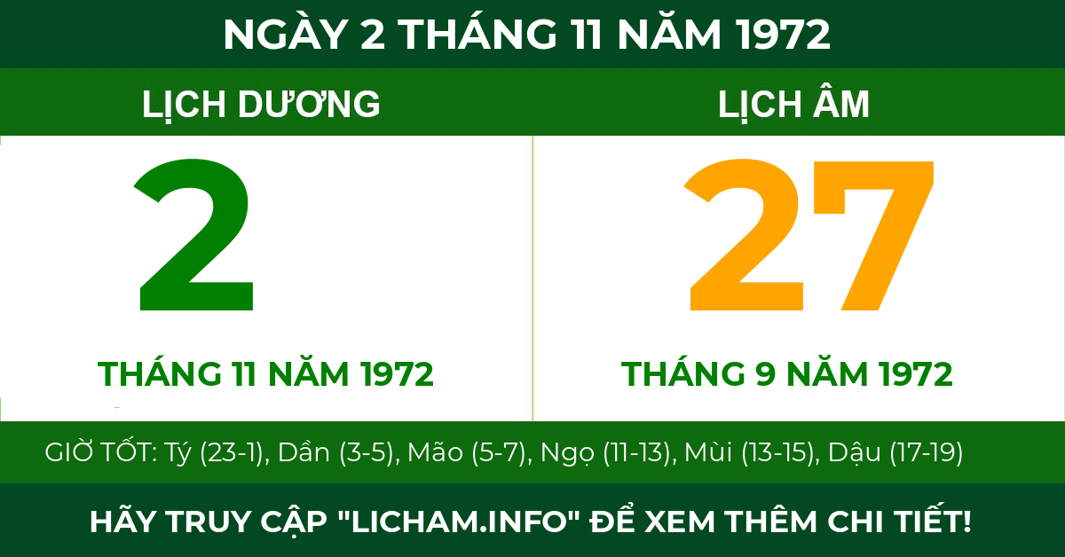 lịch âm ngày 2 tháng 11 năm 1972