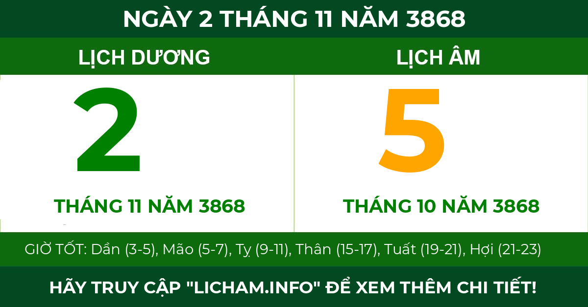 lịch âm ngày 2 tháng 11 năm 3868