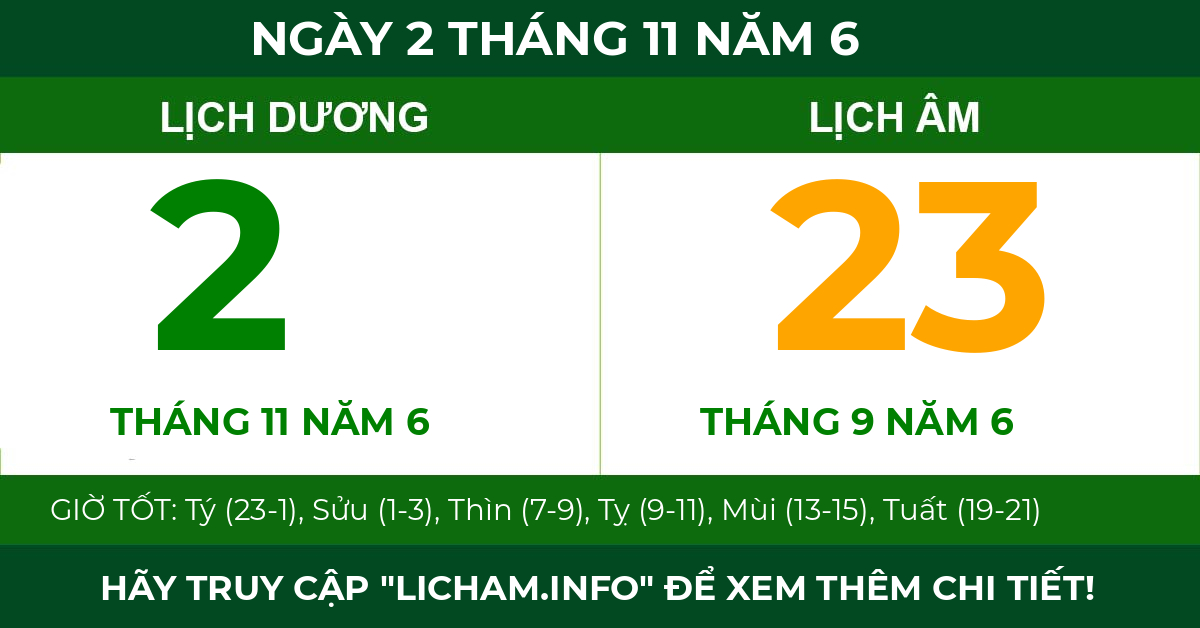 lịch âm ngày 2 tháng 11 năm 6