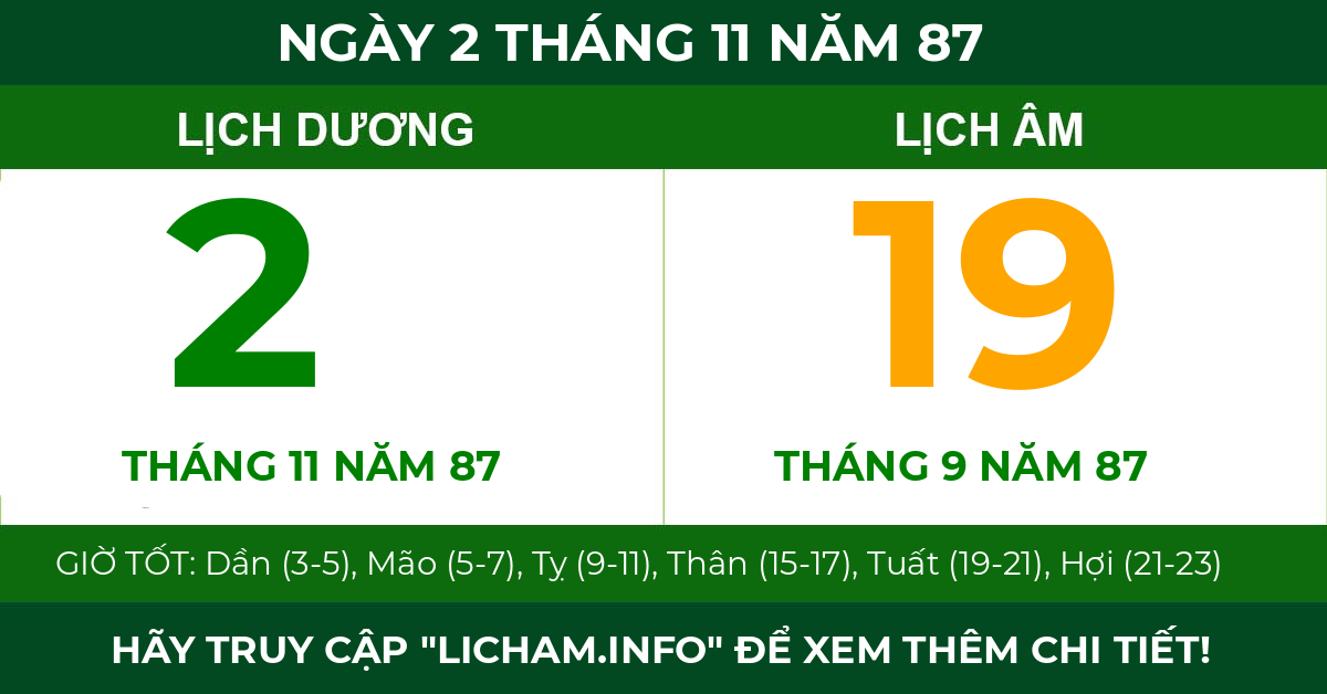 lịch âm ngày 2 tháng 11 năm 87
